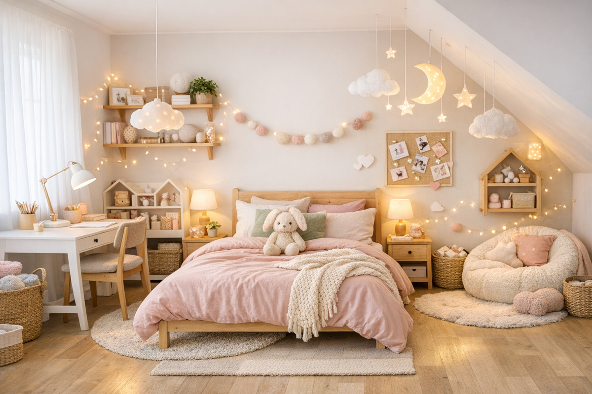 Girls' bedroom ideas – modern girls' room with soft colours and natural wood furniture