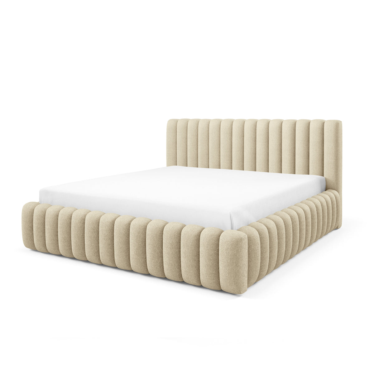 Pastel-polstret seng med opbevaringsrum i modern soft-stil, Doha-stof – set fra siden