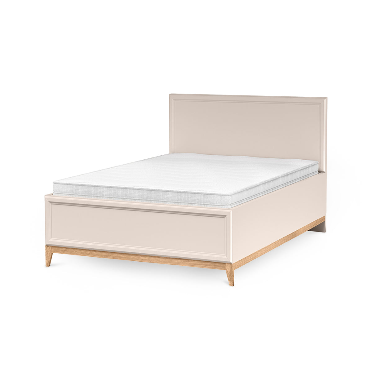 Serena-seng i størrelserne 140x200 og 160x200 med opbevaringsrum og fræset hovedgærde i modern classic-stil – set fra en vinkel | Pillovely