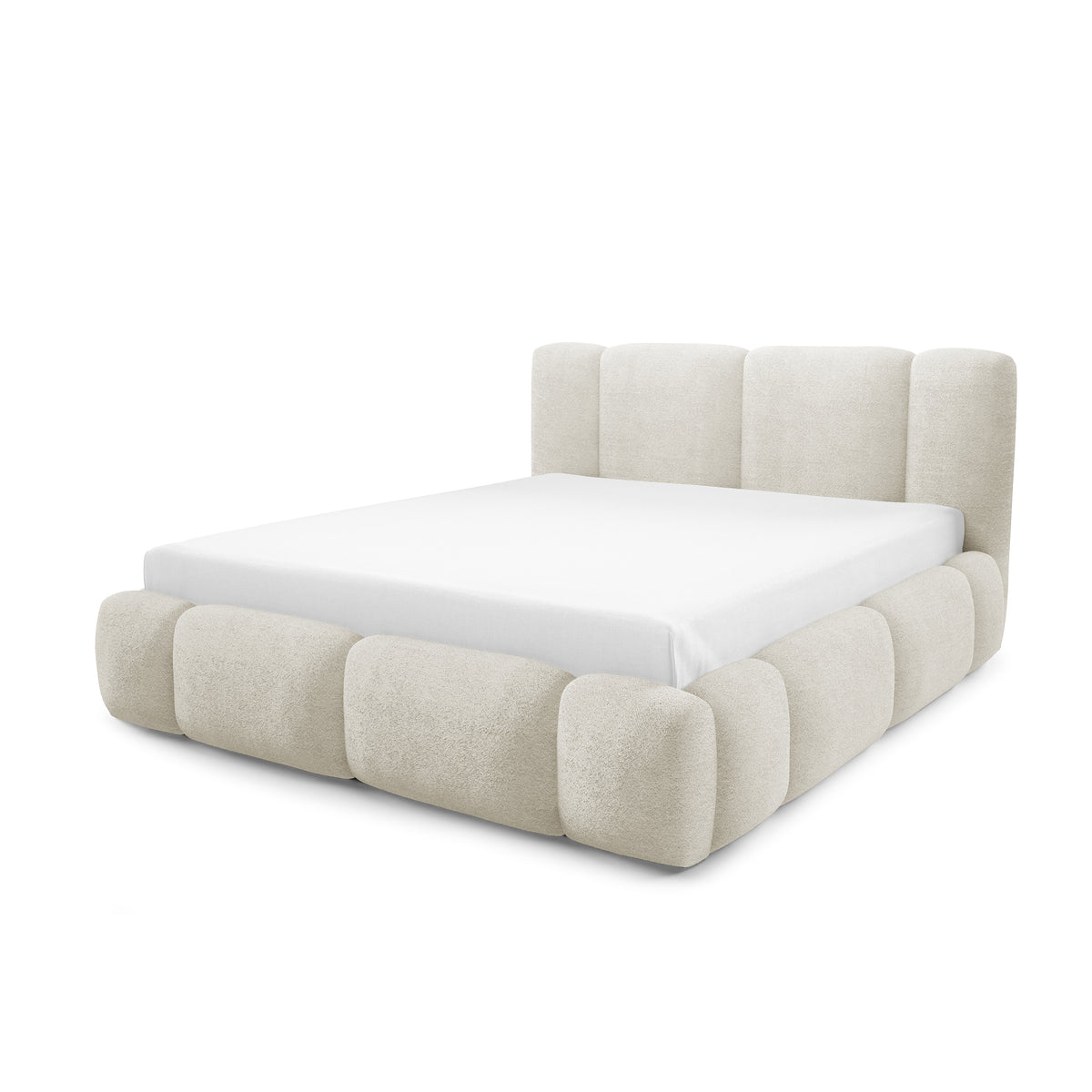 Neria-polstret seng i størrelserne 140x200, 160x200 og 180x200 med opbevaringsrum i japandi-stil – set fra en vinkel | Pillovely