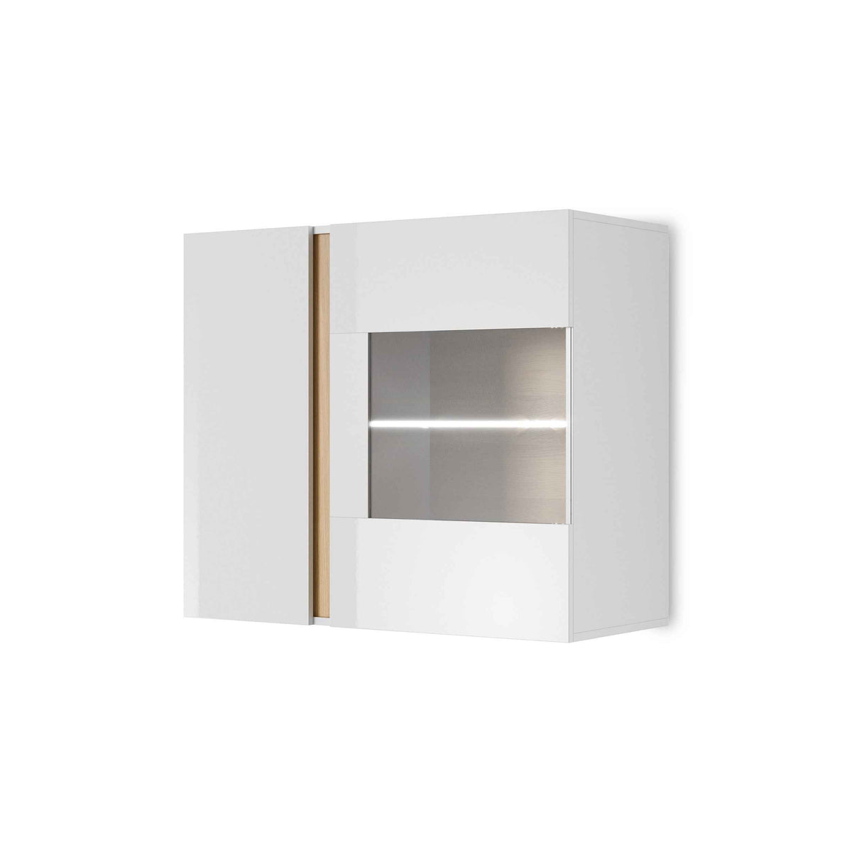 Armelia-vitrineskab til stuen, hængende, med glas, 97 x 83 cm, i minimalistisk stil – set fra en vinkel | Pillovely