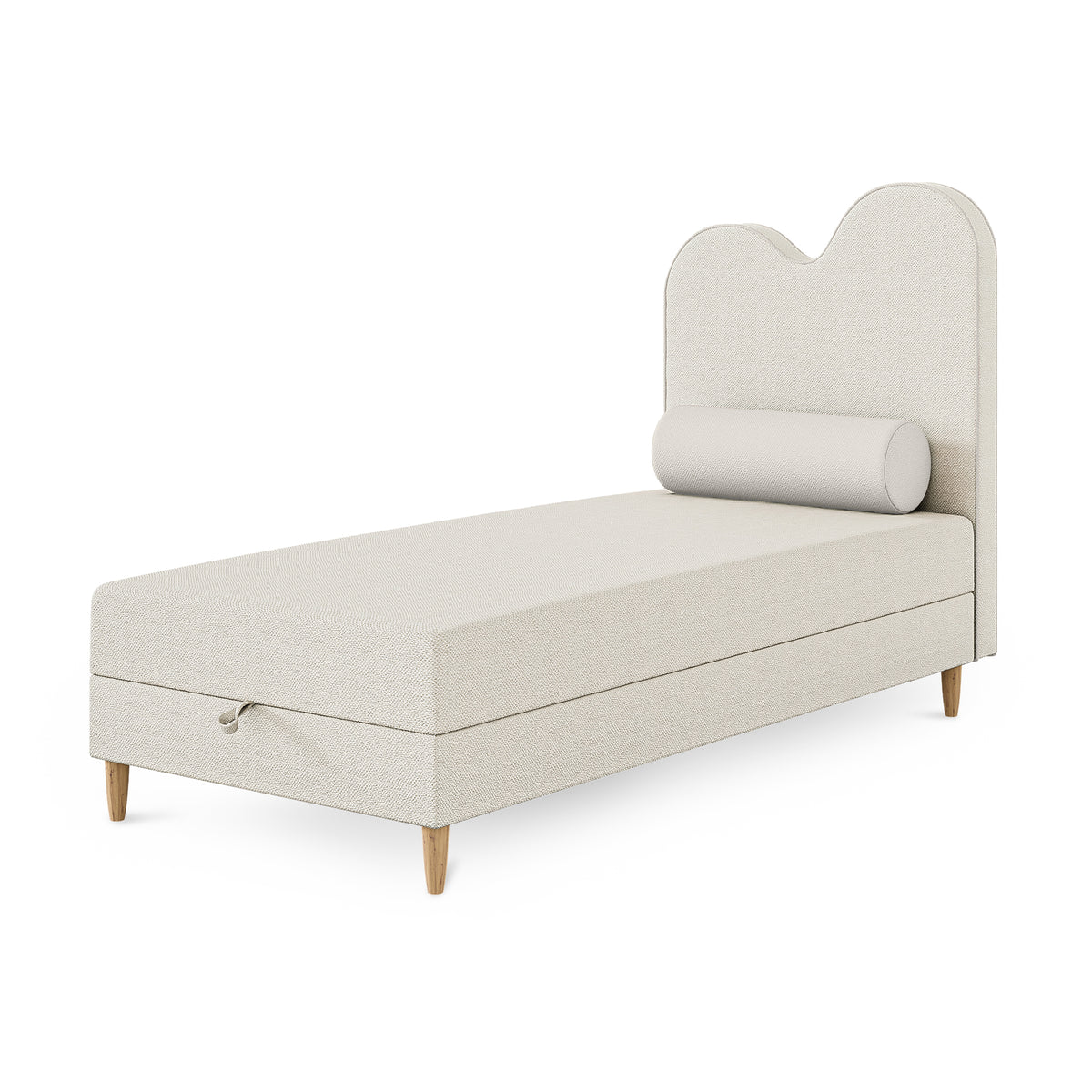 Mellia børneseng 90x160 og 90x180, kontinentalmodel med bølget hovedgærde og opbevaringsrum i soft modern-stil – set fra en vinkel | Pillovely