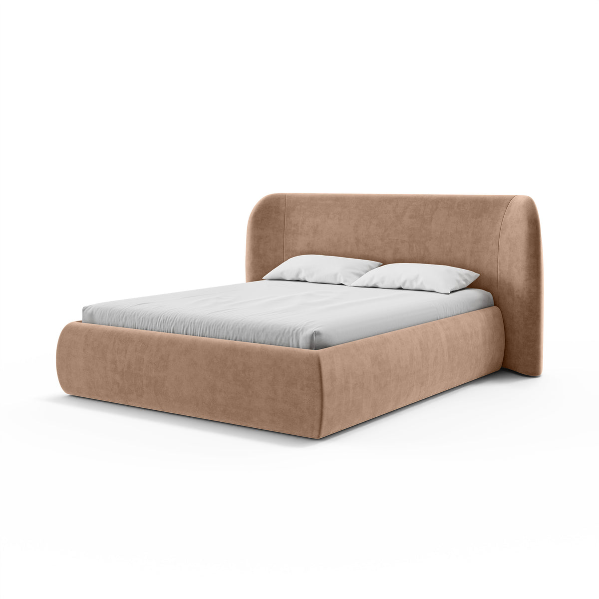Frasspo-polstret seng i størrelserne 140x200, 160x200 og 180x200 med opbevaringsrum i modern soft-stil – set fra en vinkel | Pillovely
