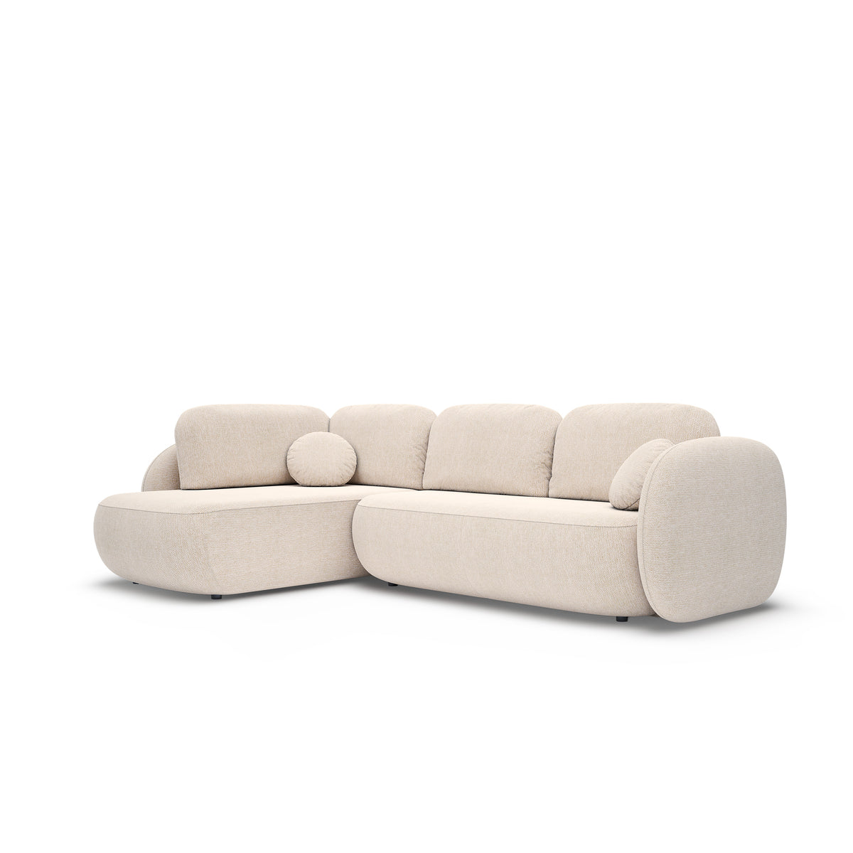 Olemo-hjørnesofa med sovefunktion, 123 x 250, i stilretningen »organic modern« – set fra en vinkel | Pillovely
