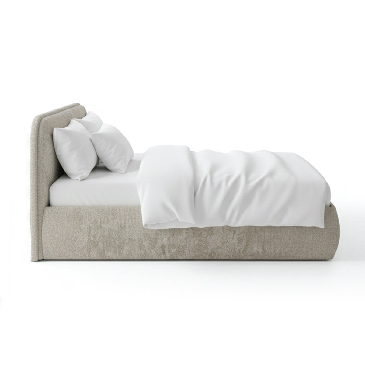 Eterial-polstret seng med opbevaringsrum i soft modern-stil – set fra siden