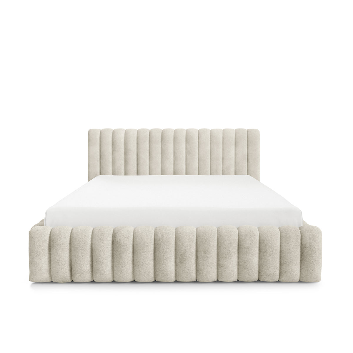 Pastel-polstret seng med opbevaringsrum i modern soft-stil, Coral-stof – set forfra