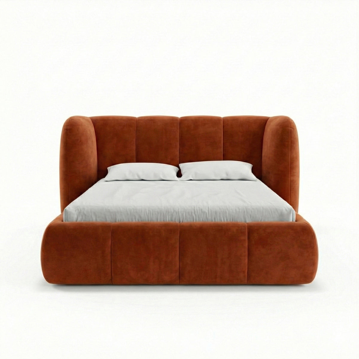 Ventara-polstret seng med quiltet overflade og opbevaringsrum i soft modern-stil – set forfra