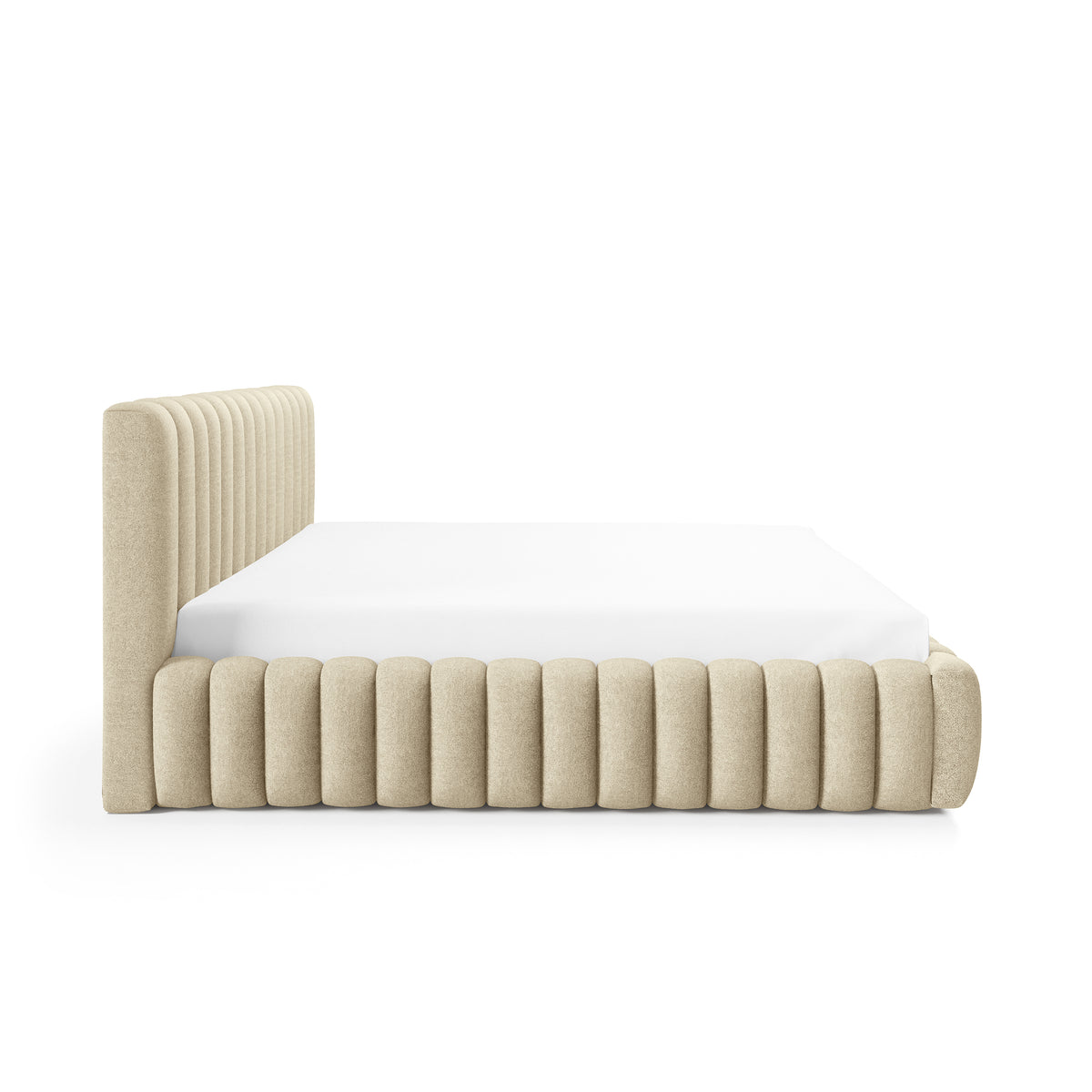 Pastel-polstret seng med opbevaringsrum i modern soft-stil, Doha-stof – set fra siden