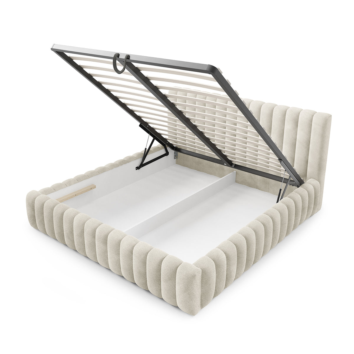 Pastel-polstret seng med opbevaringsrum i modern soft-stil, Coral-stof – med åbne fronter