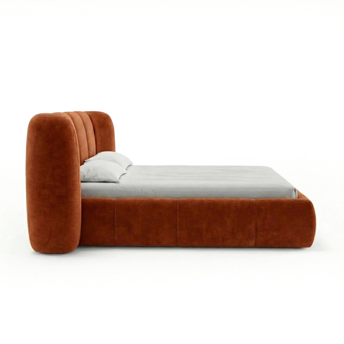 Ventara-polstringsseng med quiltet overflade og opbevaringsrum i soft modern-stil – set fra siden