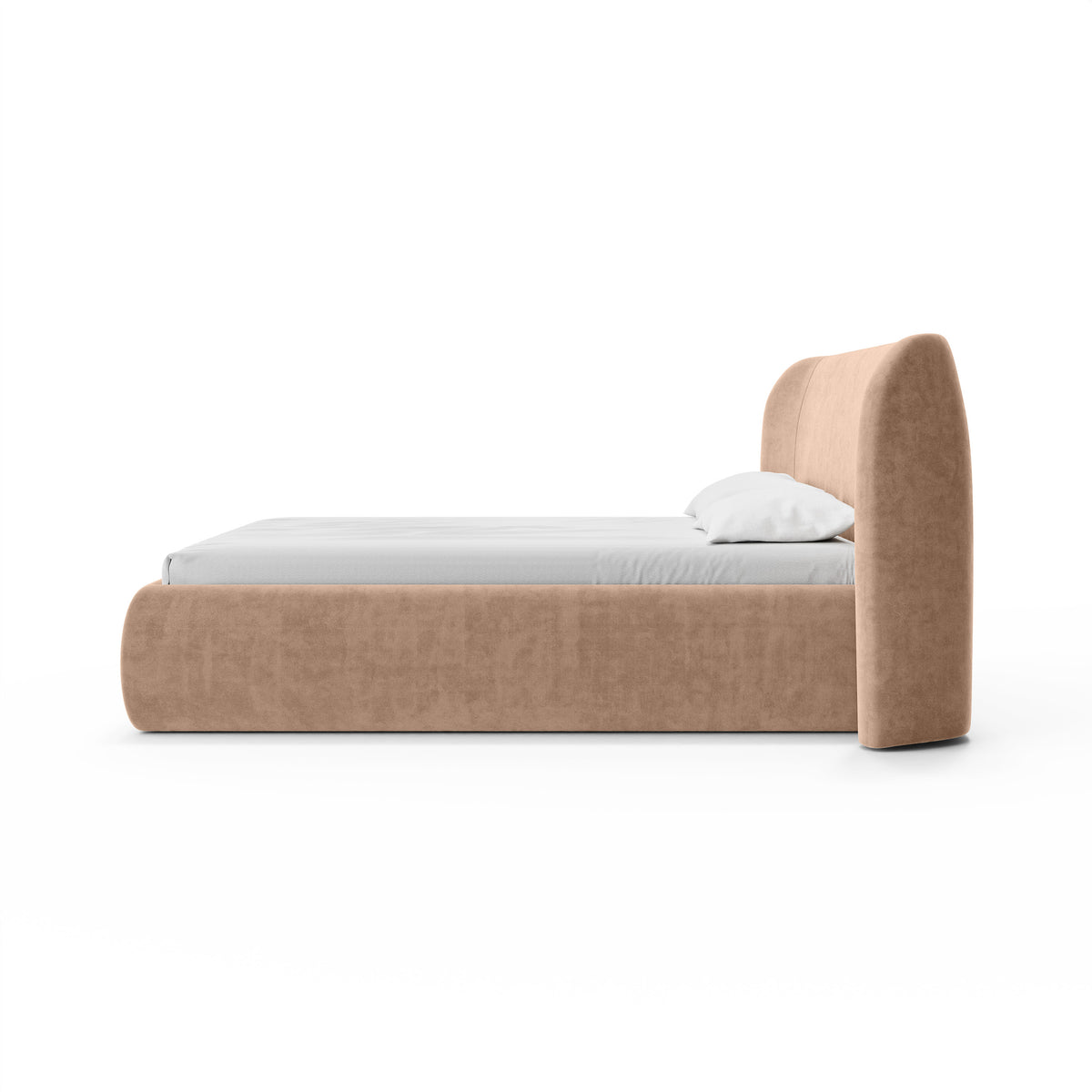 Frasspo-polstret seng med opbevaringsrum i modern soft-stil – set fra siden