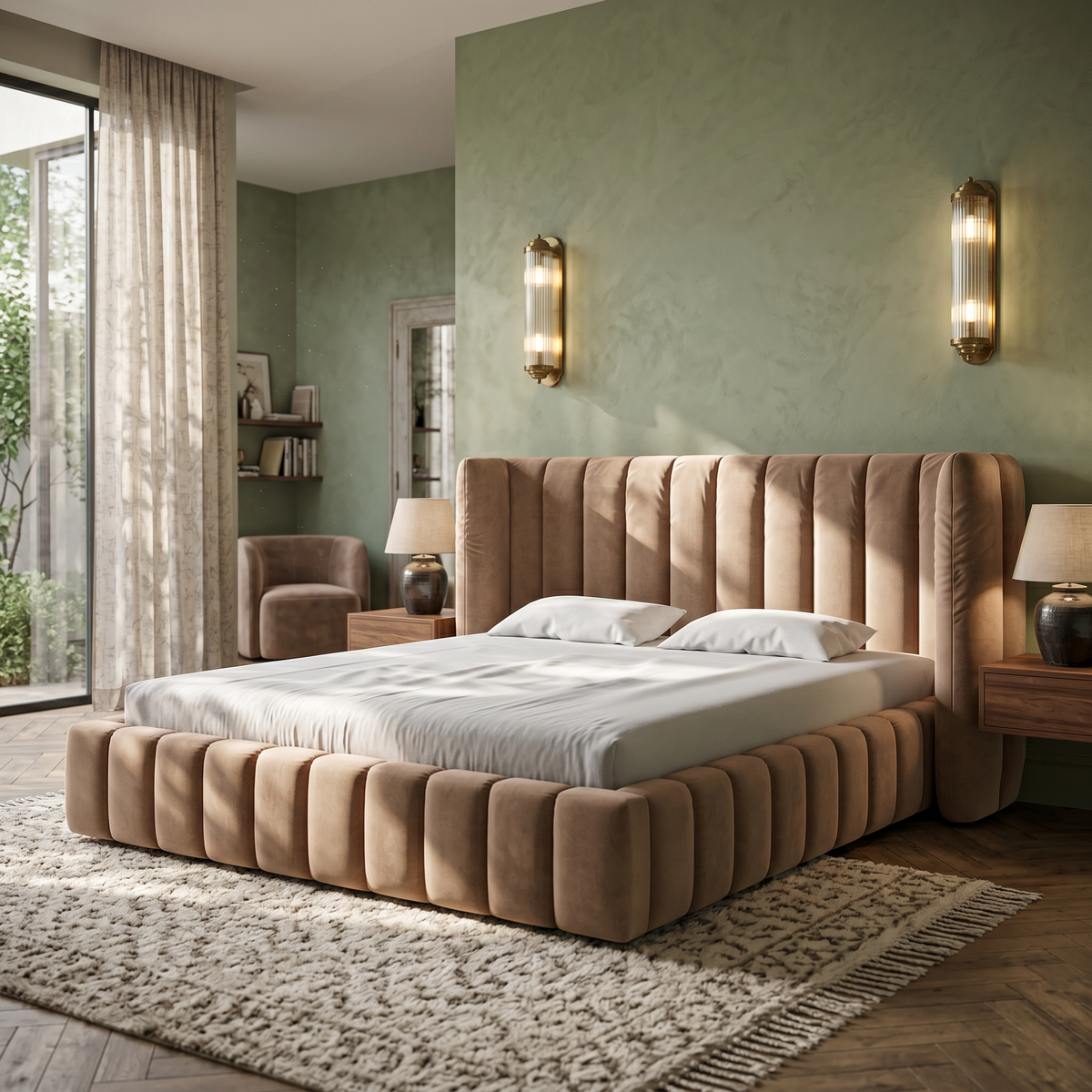 Gianda-polstringsseng i størrelserne 140x200, 160x200 og 180x200, quiltet med opbevaringsrum i modern soft-stil – i indretningen