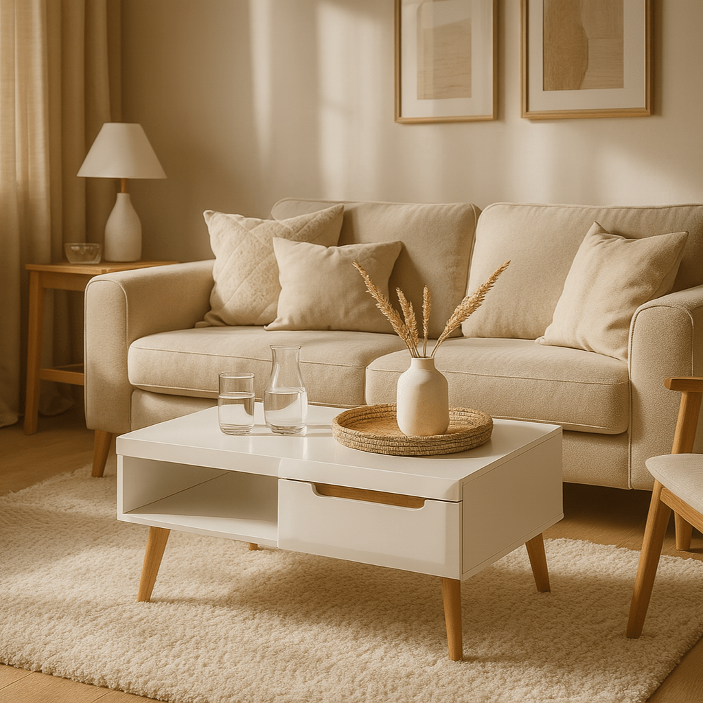 Trava-sofabord til stuen, 107x46, med hylde i moderne stil – i indretningen