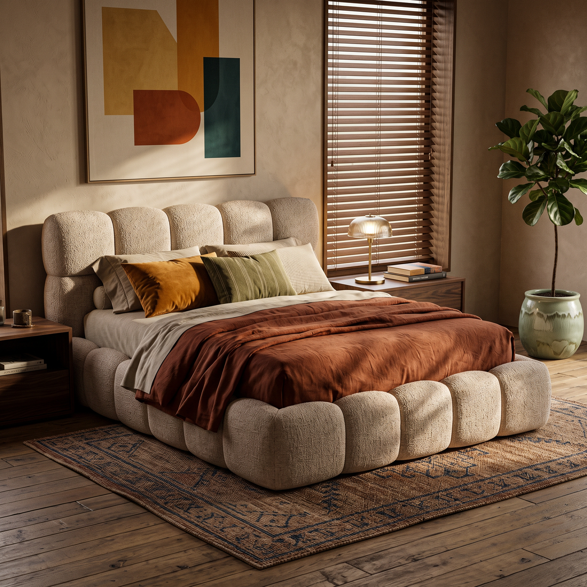 Mevy-polsterseng i størrelserne 140x200, 160x200 og 180x200 med opbevaringsrum i minimalistisk stil – i indretningen