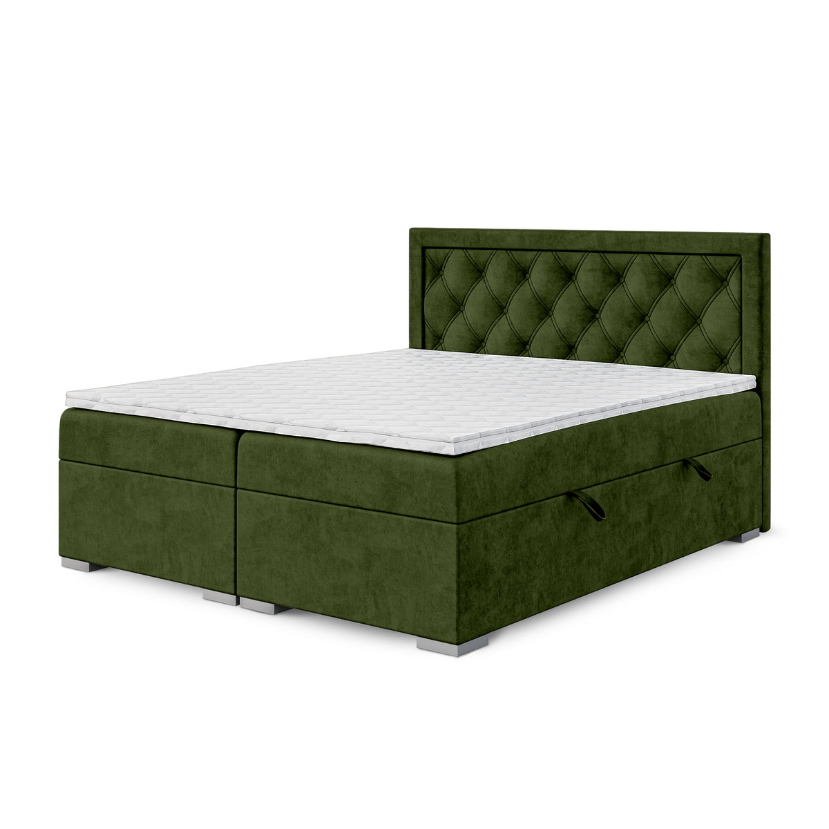 Łóżko kontynentalne pikowane w romby z dwoma pojemnikami w stylu glamour | Santia 200x200 Leśny Mech (MAGIC VELVET 2295)