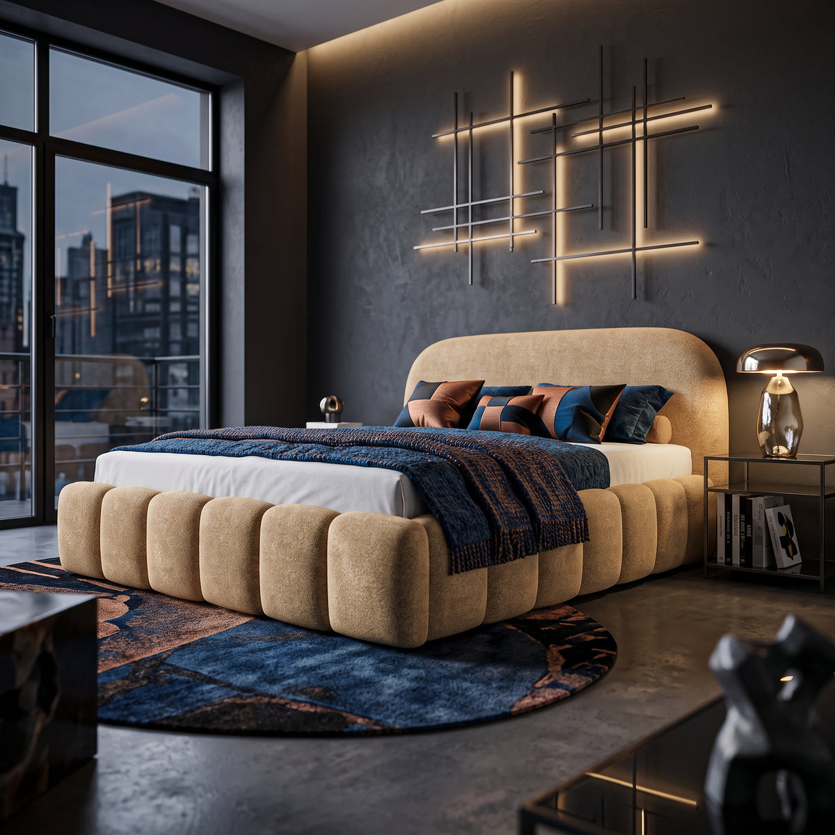 Tegell-polstret seng i størrelserne 140x200, 160x200 og 180x200 med opbevaringsrum i modern soft-stil, Monte-stof – i indretningen