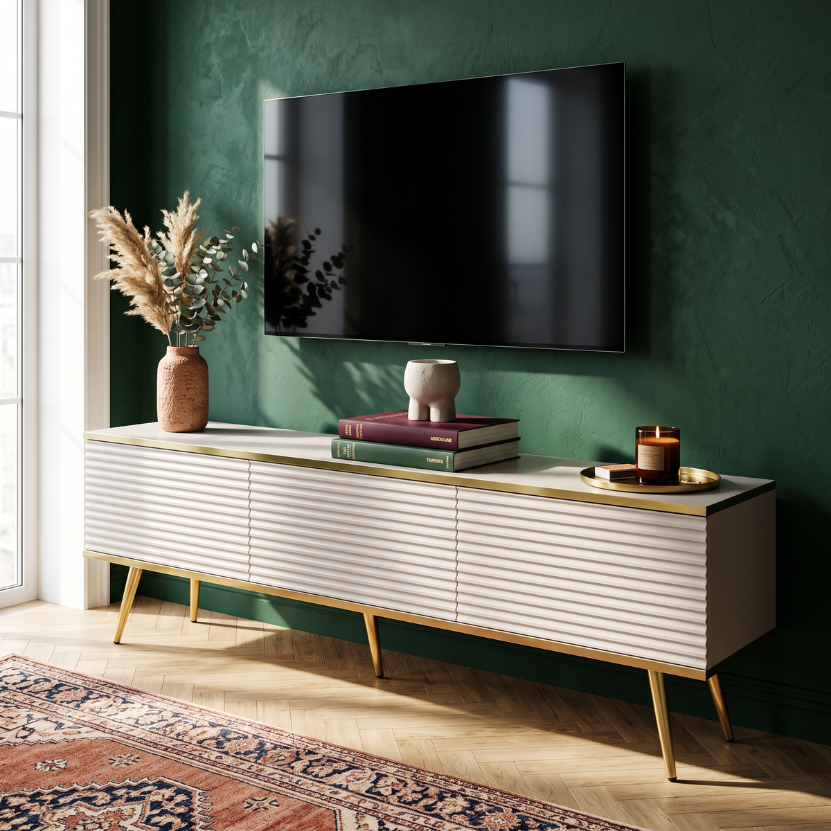 Meva TV-bord til fjernsyn, 175x30, med gyldne detaljer – i indretningen
