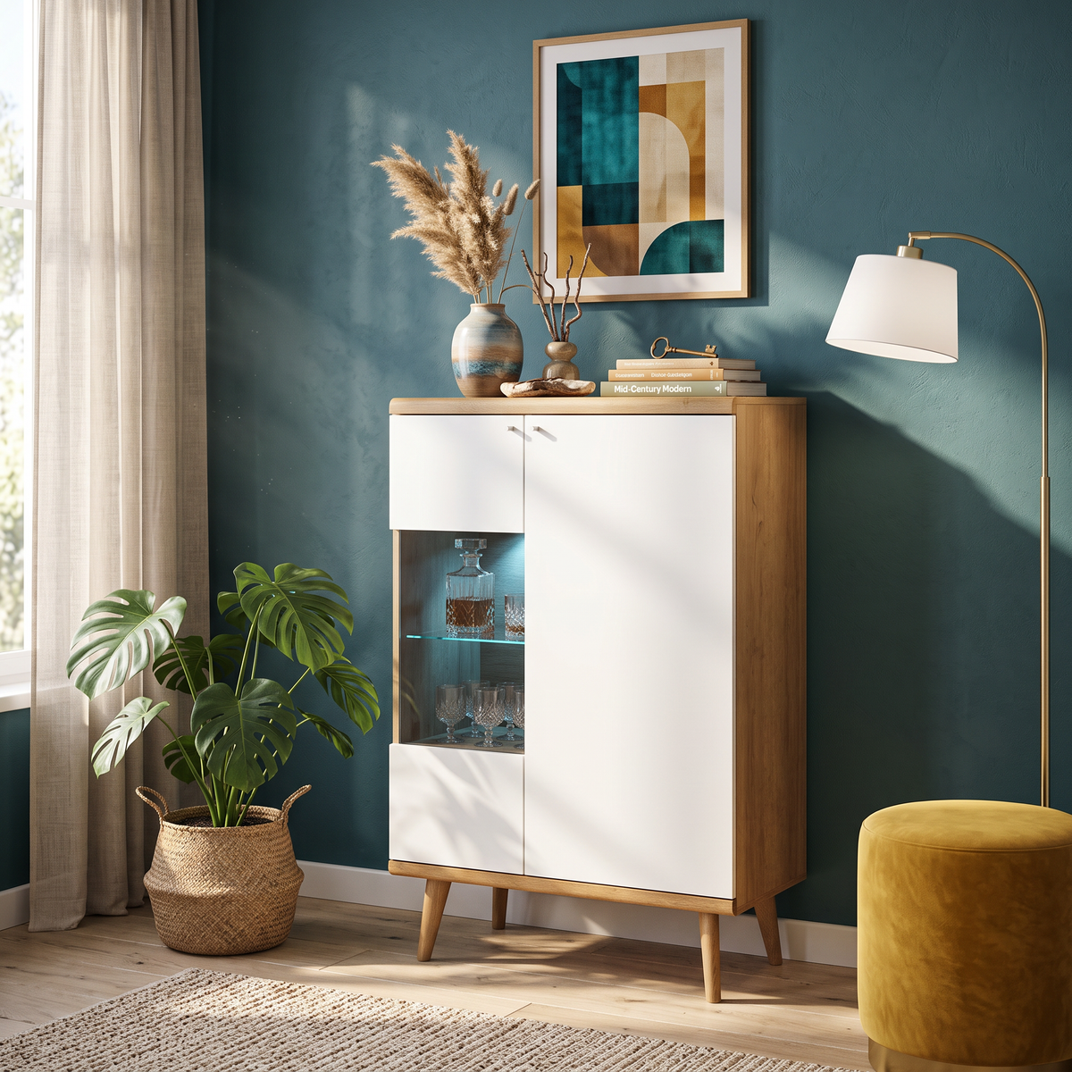 Lato-vitrineskab til stuen, med glasfront, 90 x 134 cm – i indretningen