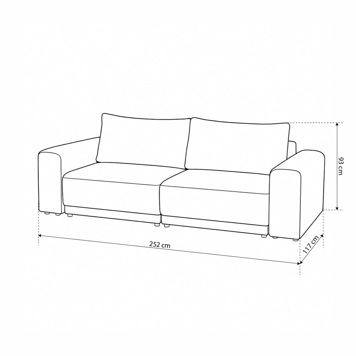 Zoria-sofa med sovemulighed, 145 × 203, med opbevaringsrum i moderne stil – tegning med mål