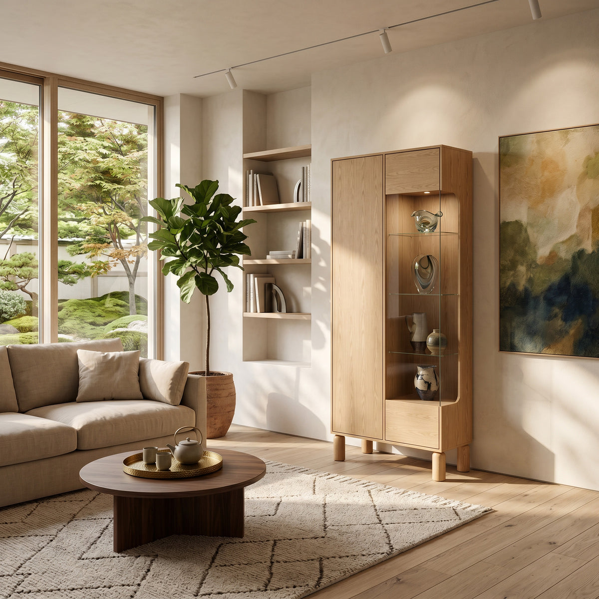 Høj vitrineskab til stuen, model Fjord 89x197, med ruder i skandinavisk stil – i indretningen