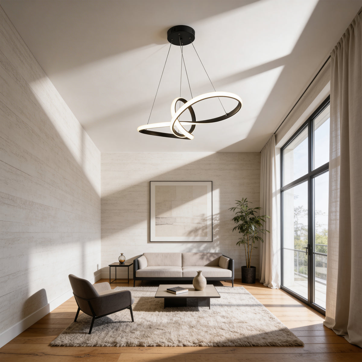 Lampa Loopra wisząca LED z geometryczną rzeźbiarską formą w stylu nowoczesnym – w aranżacji wnętrza