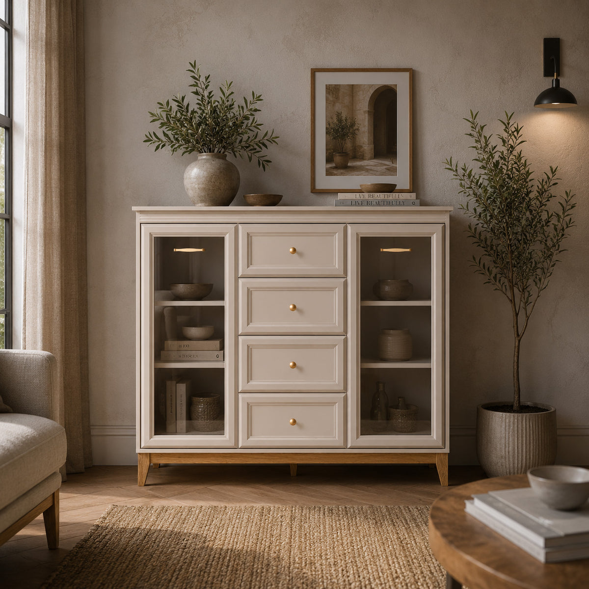 Serena-vitrineskab til stuen, 142x126, med glaspartier og skuffer i modern classic-stil – i indretningen