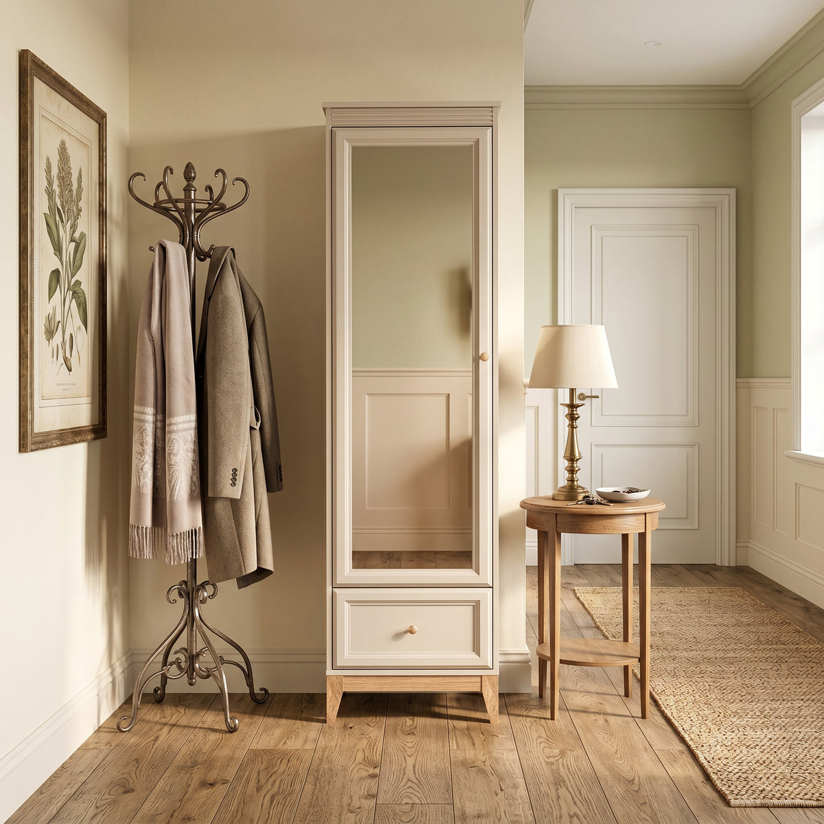 Det smalle Serena-skab med spejl (55x193) til entreen i modern classic-stil – i indretningen