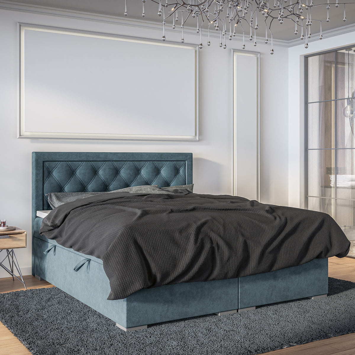Santia-kontinentalseng i størrelserne 140x200, 160x200 og 180x200 med rombemønster og to opbevaringsrum i glamour-stil – i indretningen
