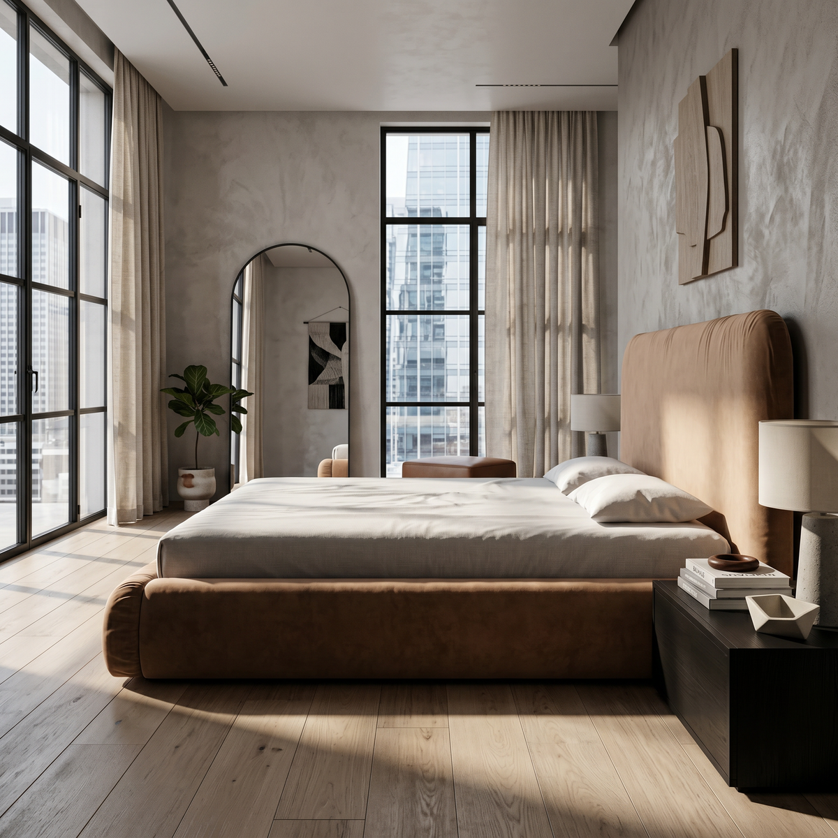 Paries-polsterseng i størrelserne 140x200, 160x200 og 180x200 med opbevaringsrum i modern organic-stil – i indretningen