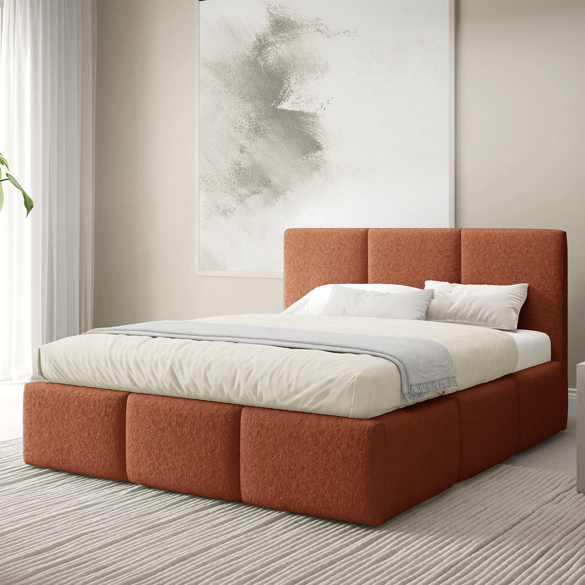 Melora-polsterseng i størrelserne 140x200, 160x200 og 180x200 med opbevaringsrum i moderne stil, Lambi-stof – i indretningen