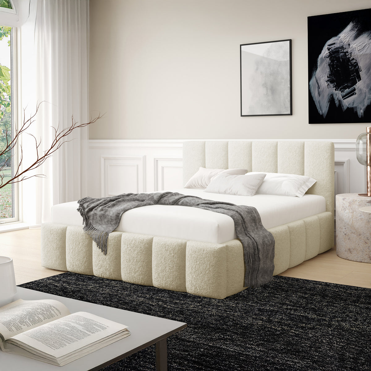 Nerom-polstret seng i størrelserne 140x200, 160x200 og 180x200, quiltet med opbevaringsrum i elegant stil, Lambi-stof – i indretningen