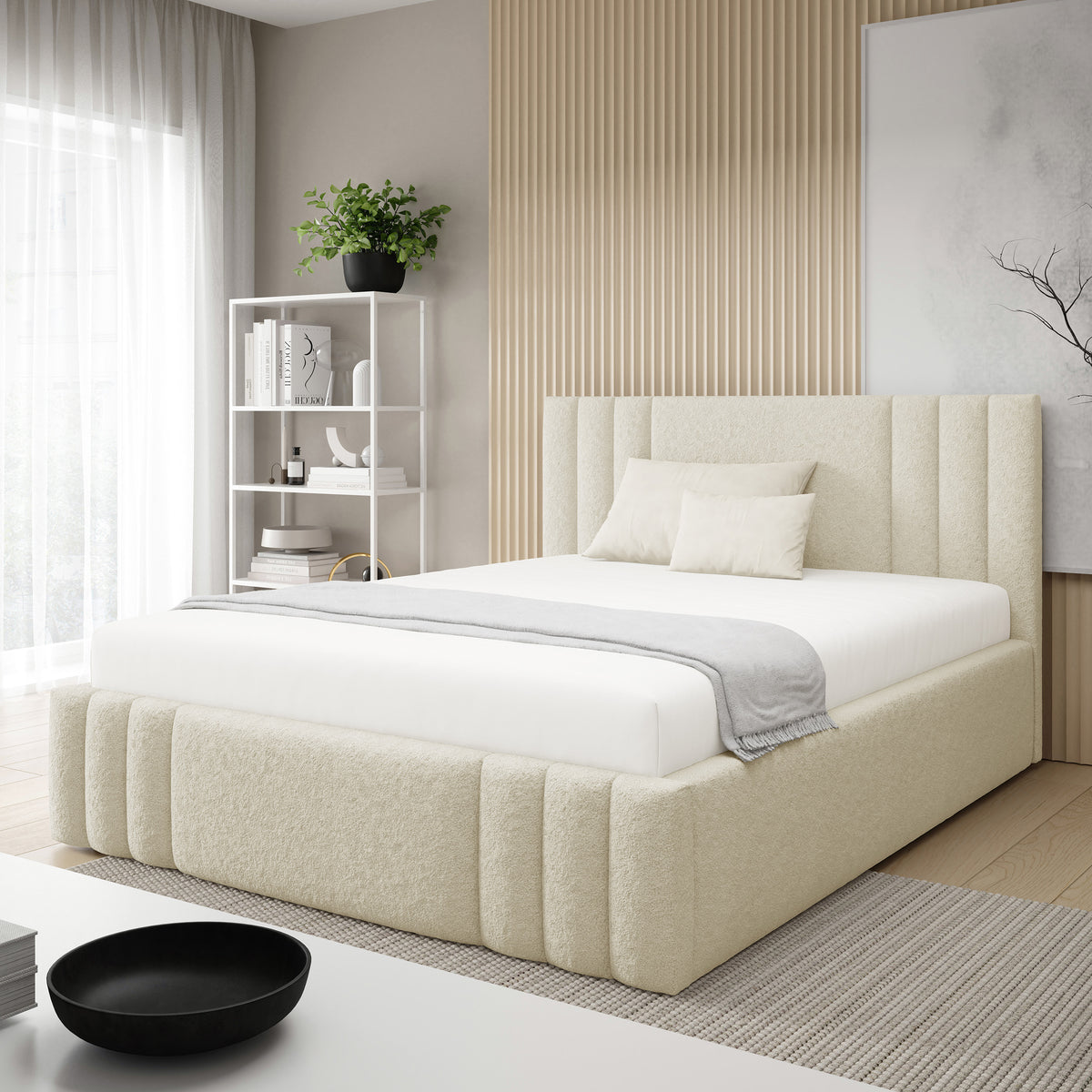 Falda-polstret seng i størrelserne 140x200, 160x200 og 180x200 med opbevaringsrum i elegant stil, Lambi-stof – i indretningen