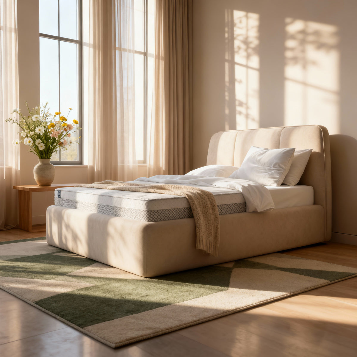 Elle-polsterseng i størrelserne 140x200, 160x200 og 180x200 med stor opbevaringsplads i soft minimalism-stil – i indretningen
