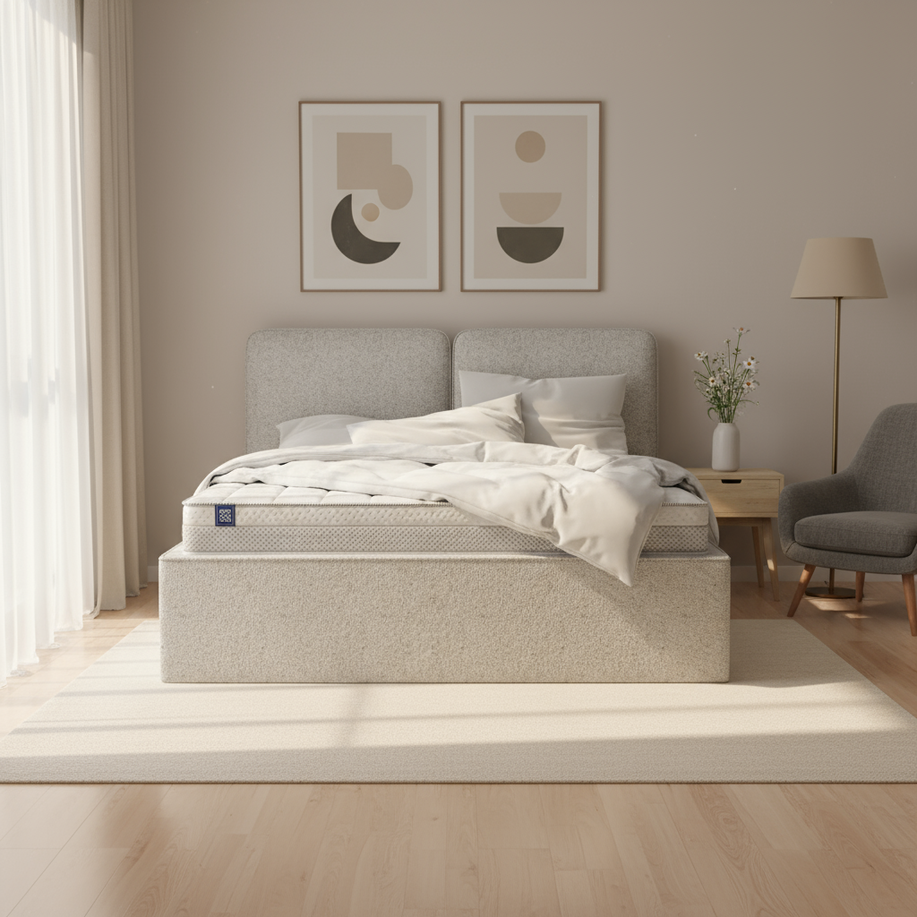 Mokka-polstret seng i størrelserne 140x200, 160x200 og 180x200 med opbevaringsrum i moderne stil – i indretningen