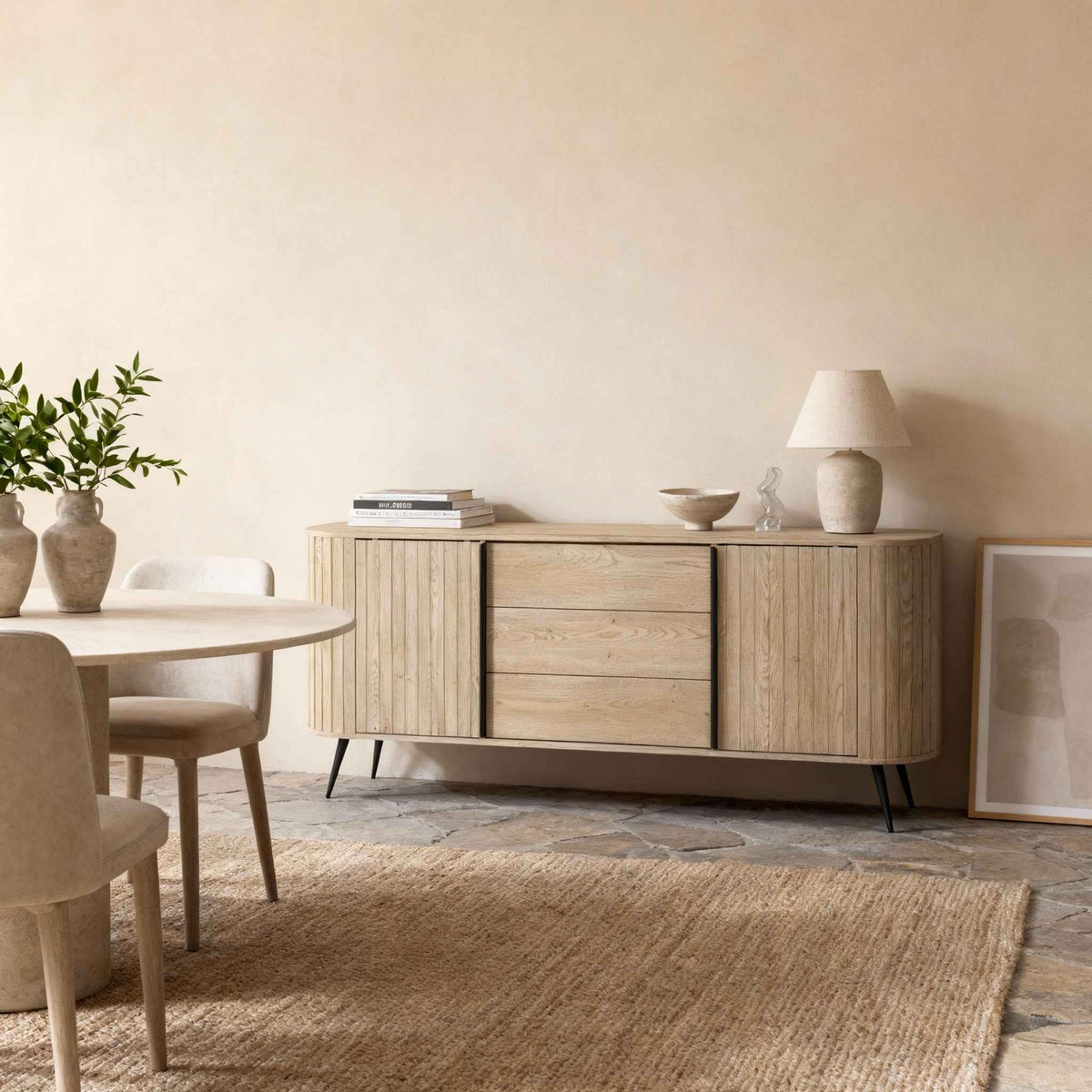 Kommode med skydedøre og skuffer, 196 x 82, i moderne stil | Llovia