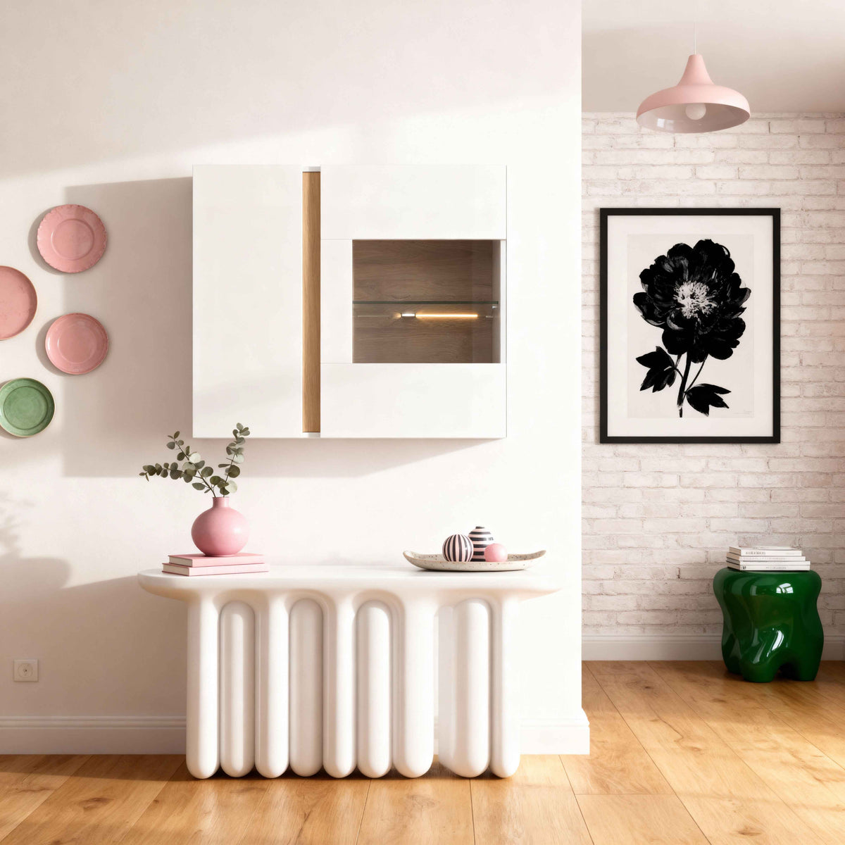 Armelia-vitrineskab til stuen, hængende, med glas, 97 x 83 cm, i minimalistisk stil – i indretningen