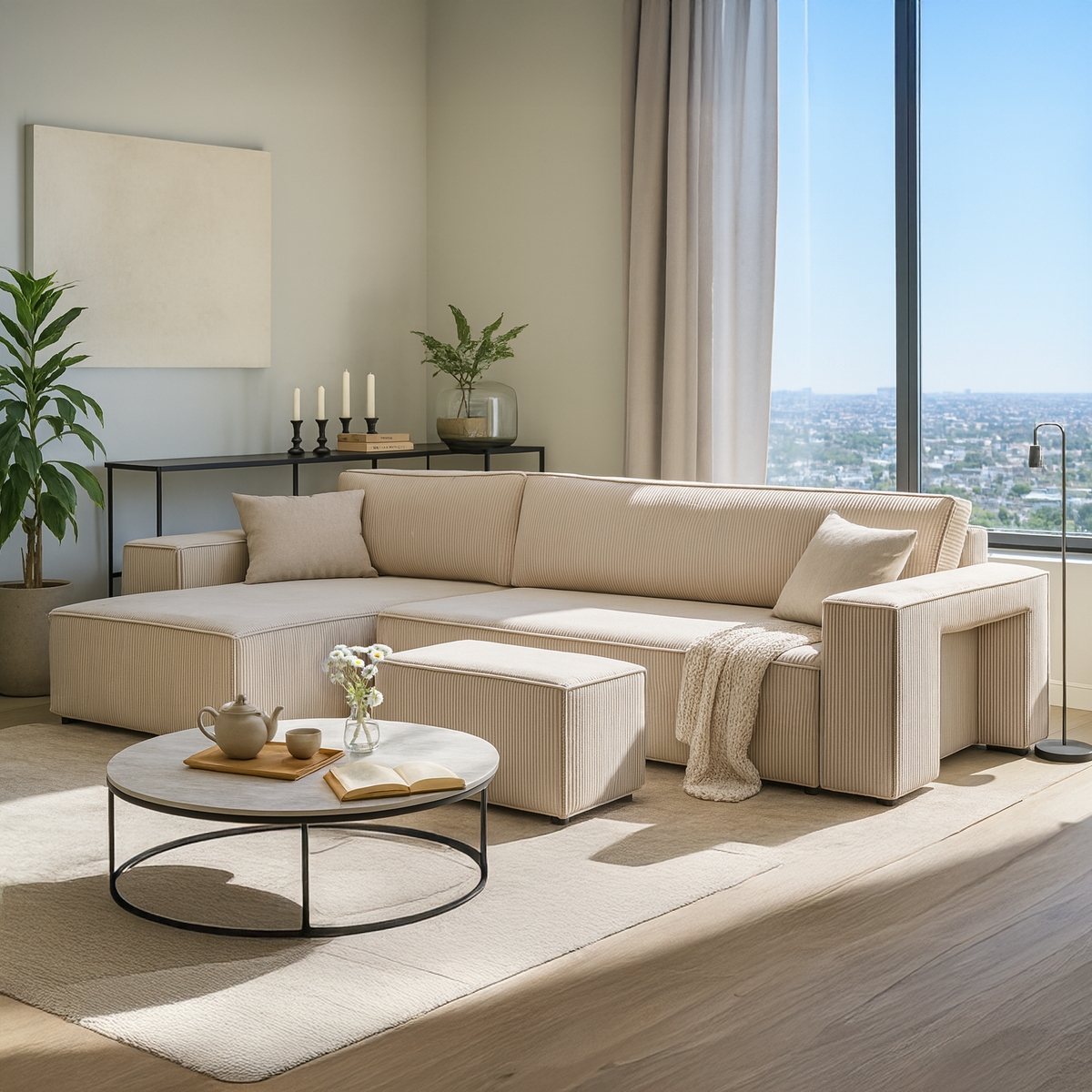 Klara-hjørnesofa, universel med sovefunktion og puf i moderne stil – i indretningen