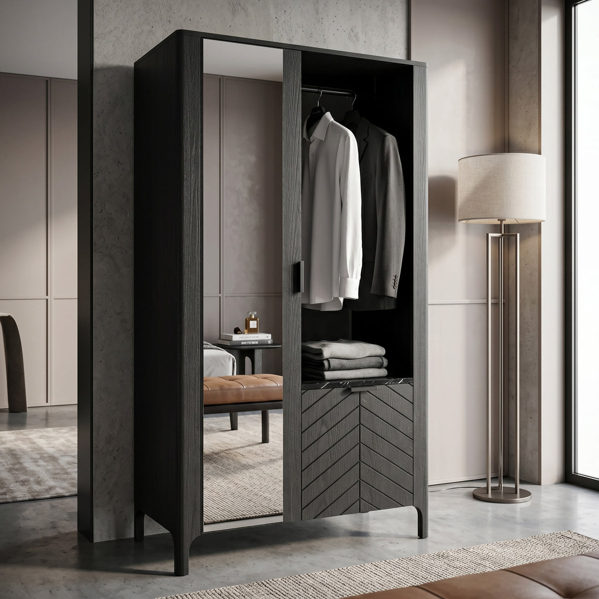 EKLIPSO garderobeskab 105x197 med spejl i moderne stil, farve: Sort – i indretningen | Pillovely