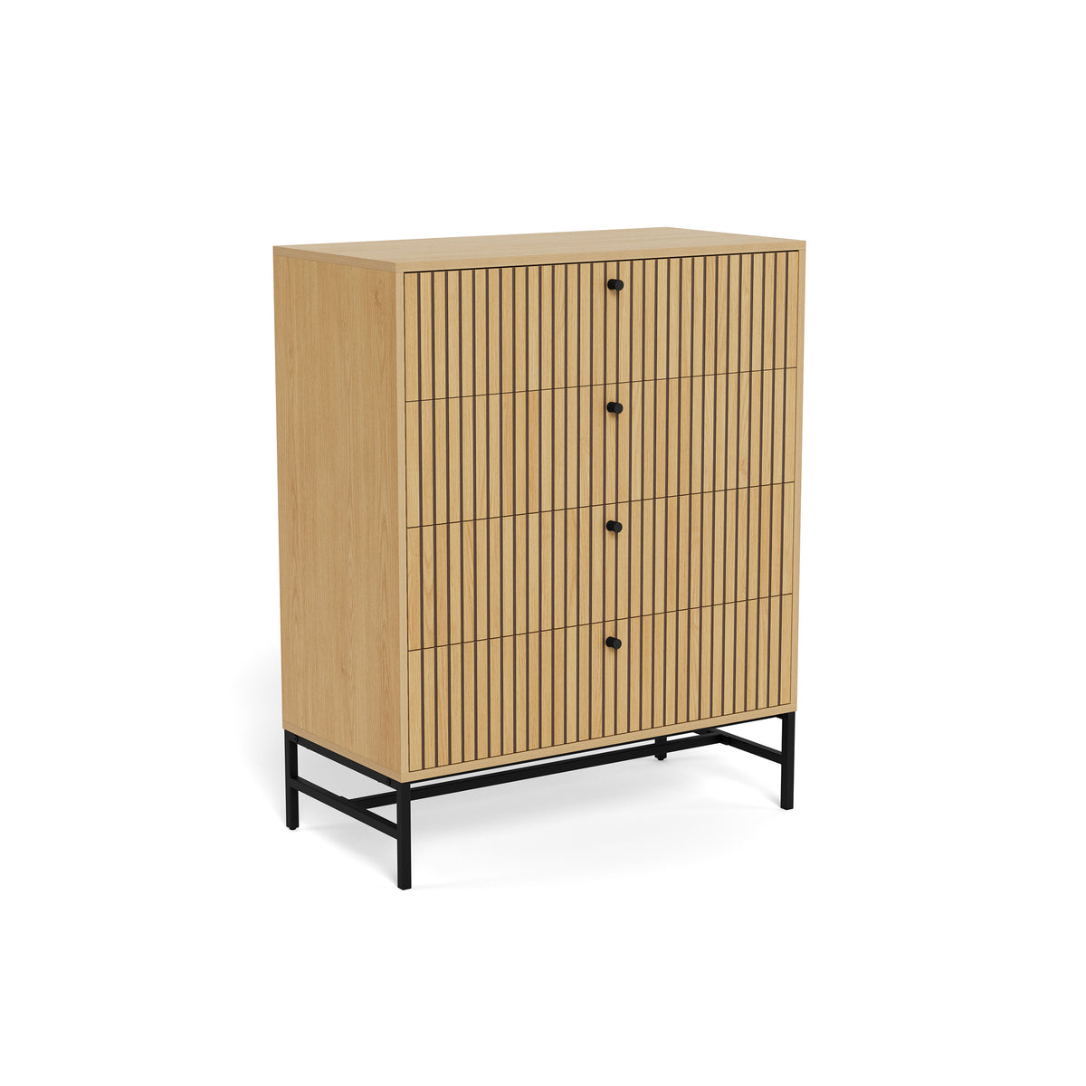 Bambouz-kommode 81x100 i eg – skrå vinkel på de fire lamelskuffer og den sorte fod