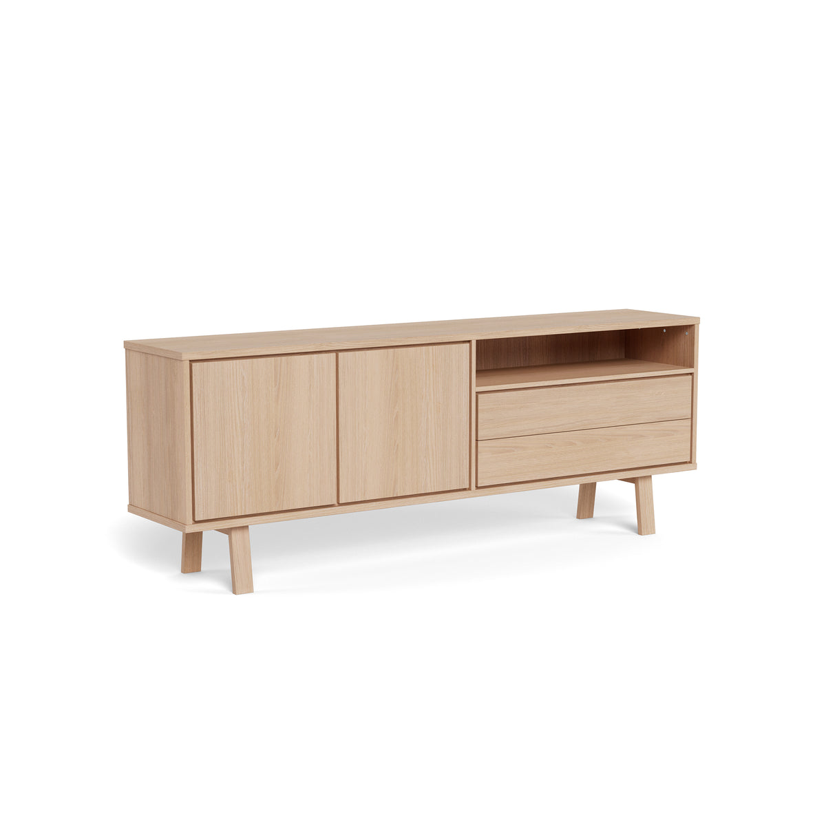 Lurisse-kommode 200x75, bleget eg – set fra siden, skandinavisk kommode med døre, skuffer og åben hylde
