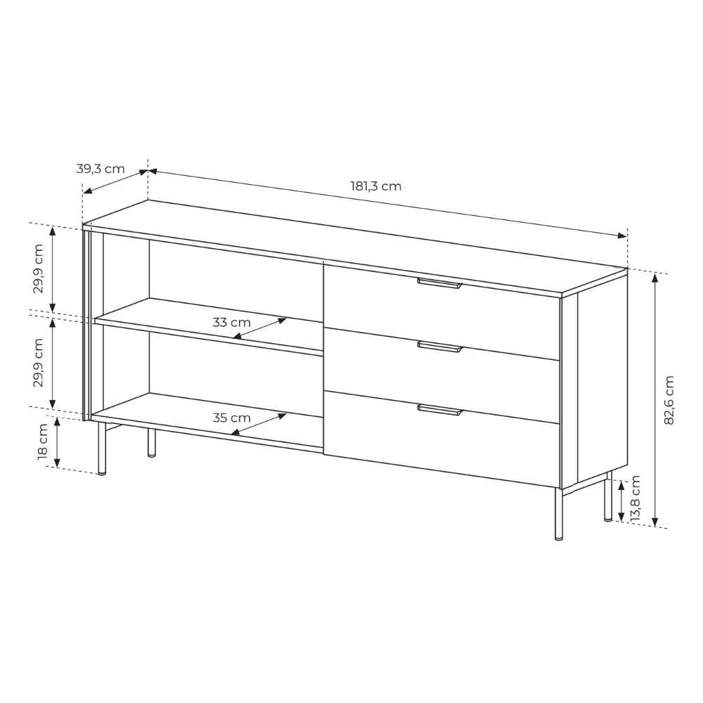 Lummer-kommode med låger og skuffer, 181 x 83, i moderne stil – tegning med mål
