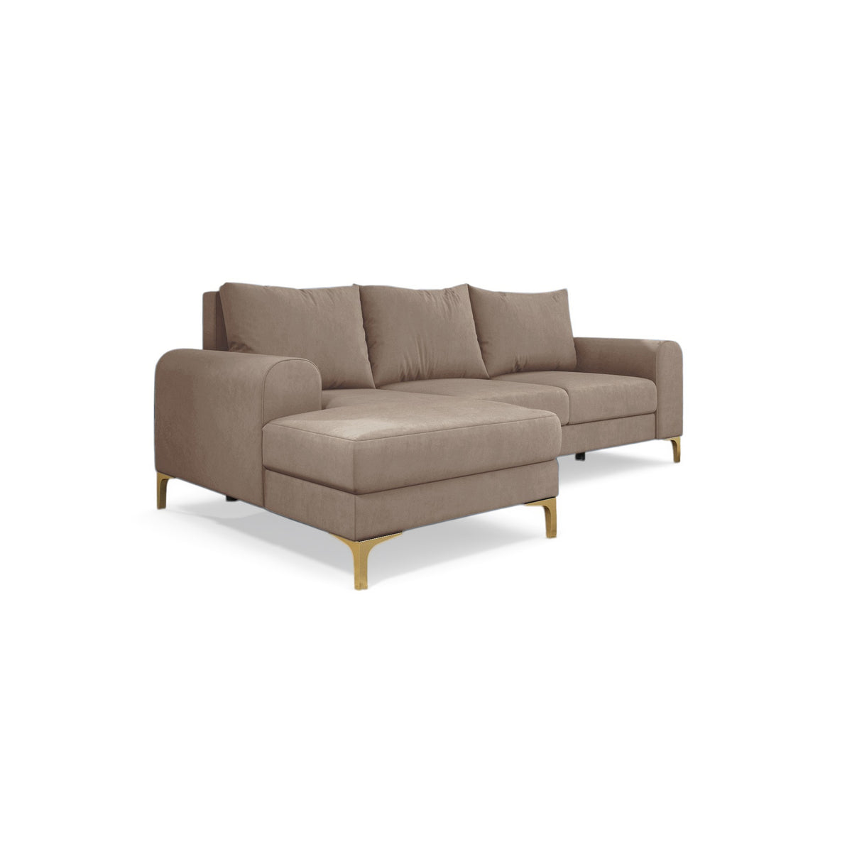 Hjørnesofa Arpelo 245x145 venstrevendt Pudret Valnød (MANILA 02) på guldben – hjørnesovesofa i velour