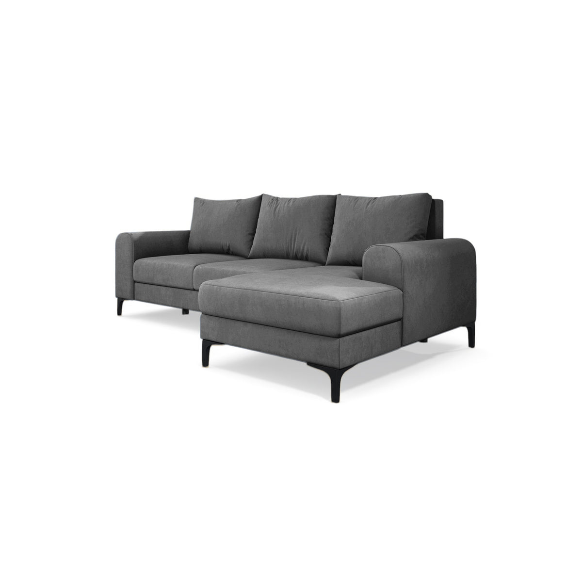 Hjørnesofa Arpelo 245x145 højrevendt Stålgrå (MANILA 16) på sorte ben – hjørnesofa med opbevaring til sengetøj