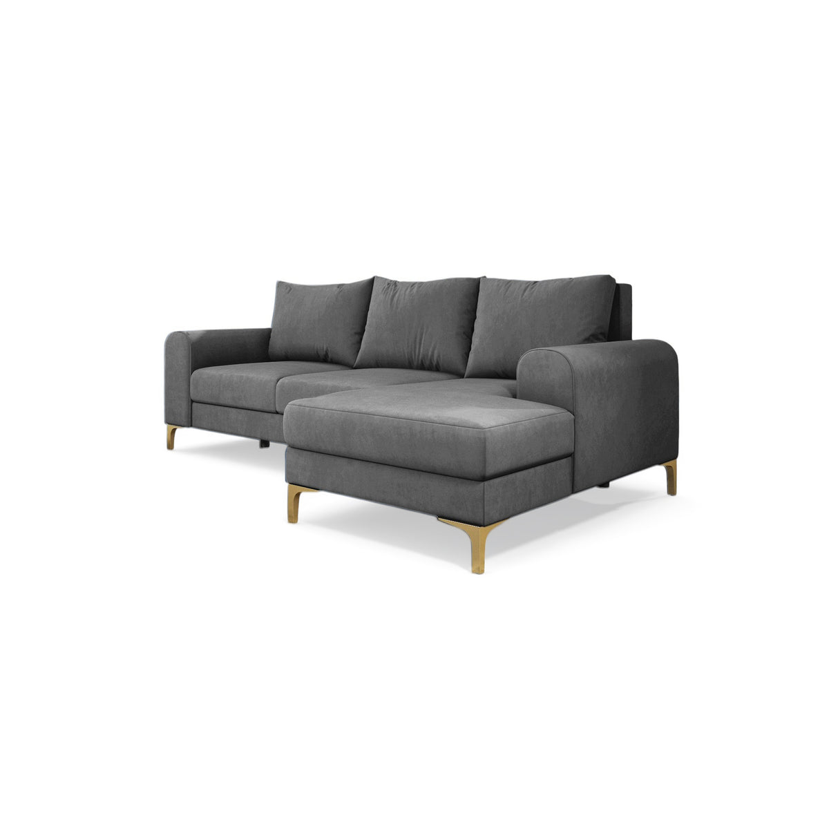 Hjørnesofa Arpelo 245x145 højrevendt Stålgrå (MANILA 16) på guldben – hjørnesofa med opbevaring til sengetøj