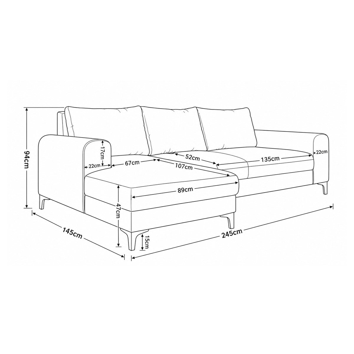 Hjørnesofa Arpelo 245x145 – måltegning med bredde, højde, siddedybde og chaiselong