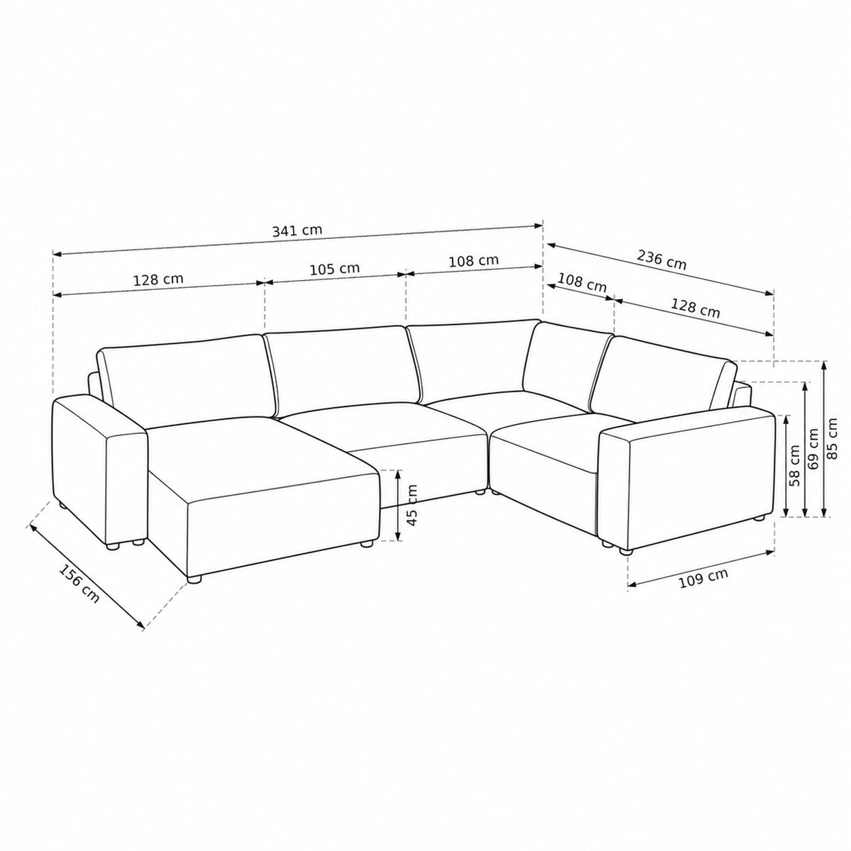 Modulær UL-hjørnesofa Iskeli Plus 341 cm – måltegning med modulbredder, dybde og højder