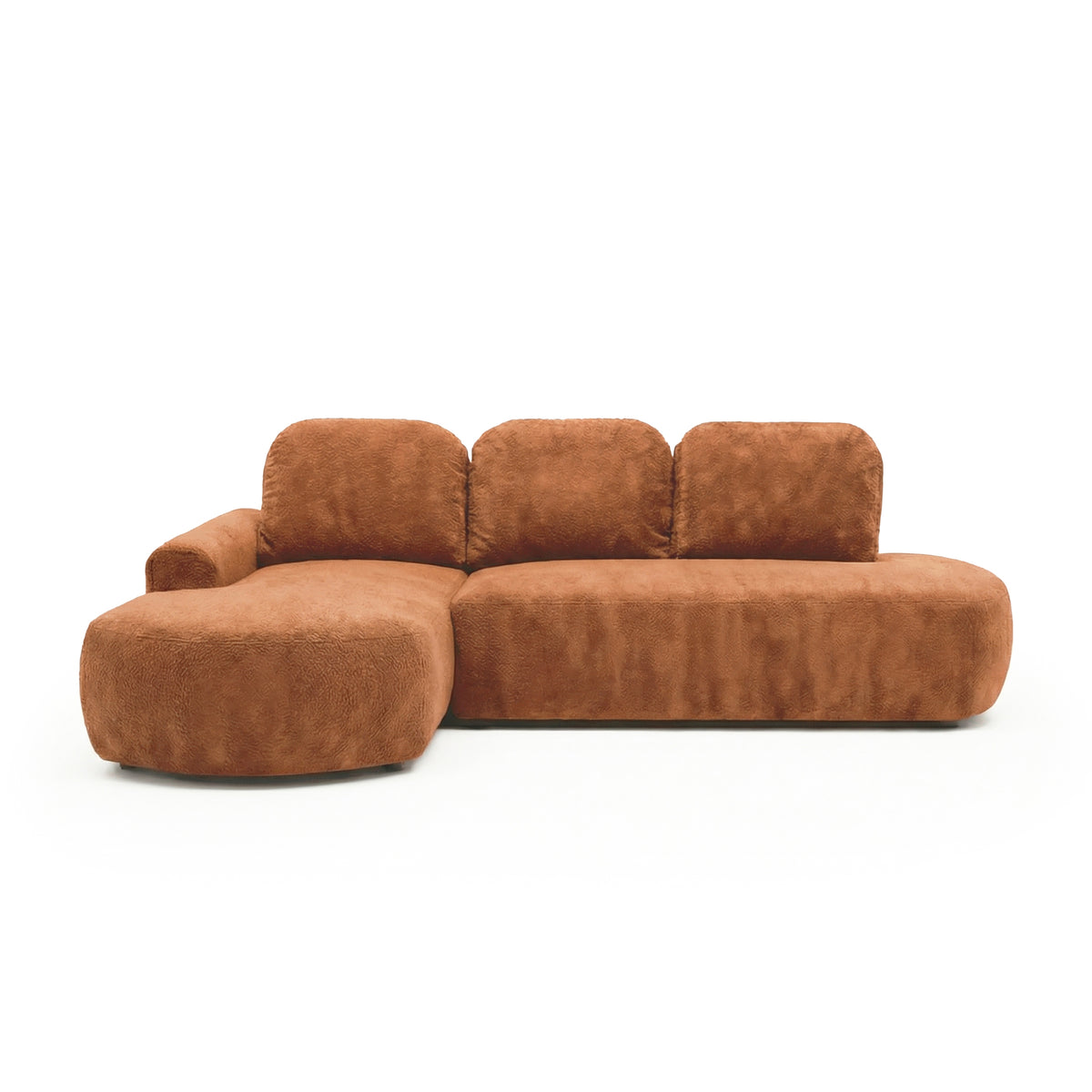 Moluni hjørnesofa 263 cm, rustbrun kastanje (BELLINI 09), venstrevendt – afrundet hjørnesofa med sovefunktion, set forfra