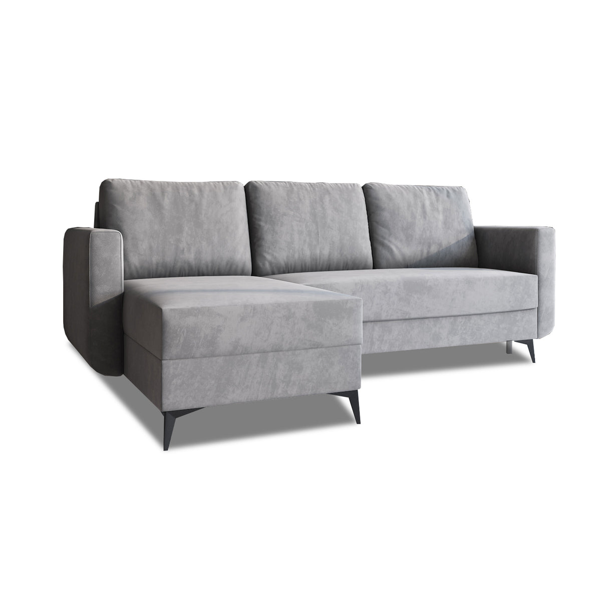 Forra-hjørnesofa med sovefunktion, 235 cm, stålgrå (MANILA 16), chaiselong til venstre, velour og sorte metalben