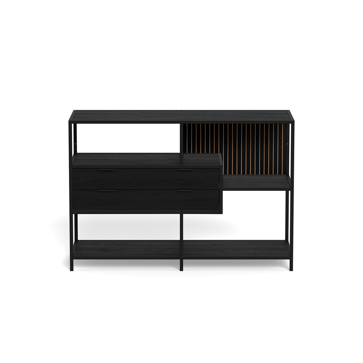 Lavt reol Skeleto 114x78, sort melamin – set forfra, sort reol til stuen i loftstil