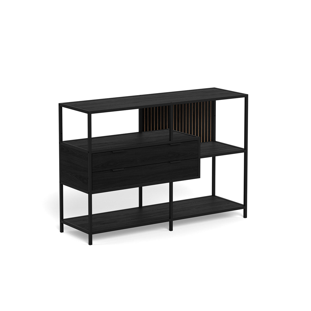 Lavt reol Skeleto 114x78, sort melamin – set fra siden, sorte hylder, skuffer og panel med lister